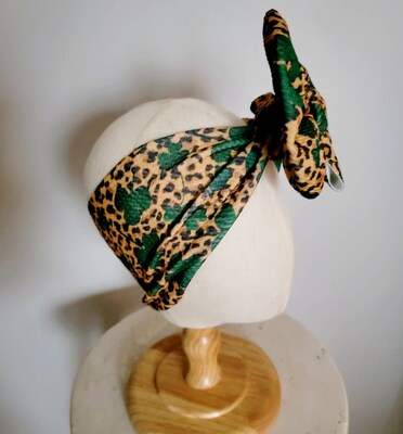 Leopard Shamrock Knit Hair Bow - Headwrap - Clip - Pigtail - Headband - Saint Patrick - Clover - Good Luck - Animal Print - St Patty - Green - image2